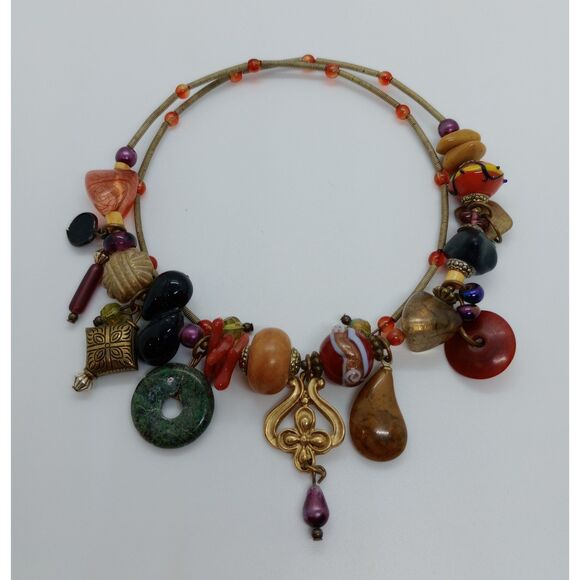 Vintage Multi Stone Bohemian Style .:* 22" Beaded Coil Necklace *:. w/Coral - Picture 2 of 5